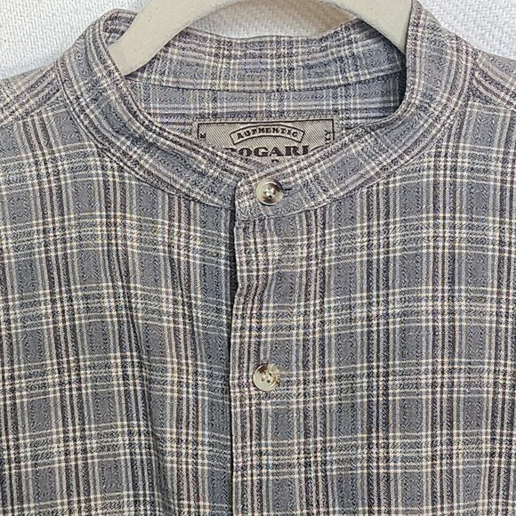 Bogari Studio Gray Brown Check LS Cotton Band Collar Waffle Weave Shirt Size M - Picture 9 of 16